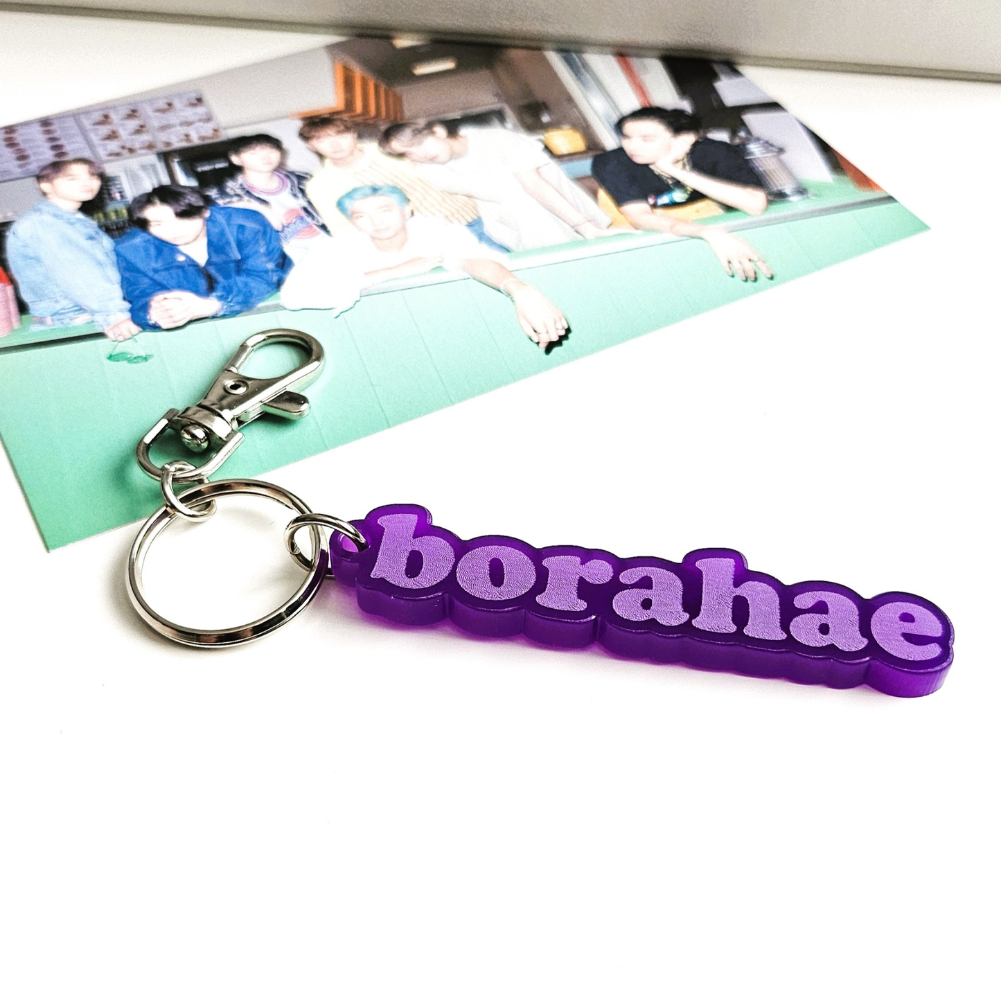 BTS inspired Borahae key ring made of purple acrylic